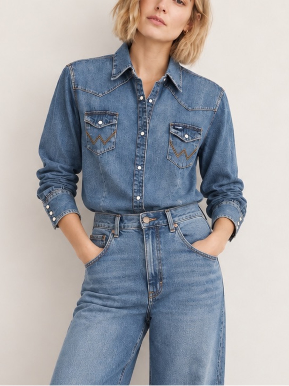 Wrangler Women’s Blue Denim Western Pearl Snap Shirt Size XL
